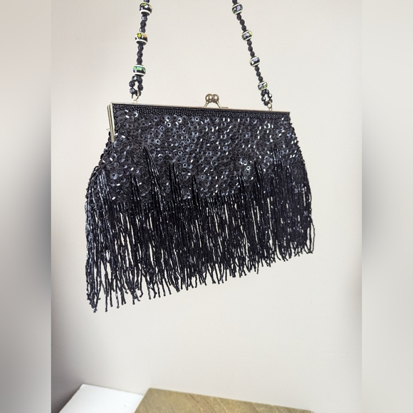Vintage Black Beaded Fringe Evening Bag – Sequin Flapper Style 10" Wide - Picture 6 of 8